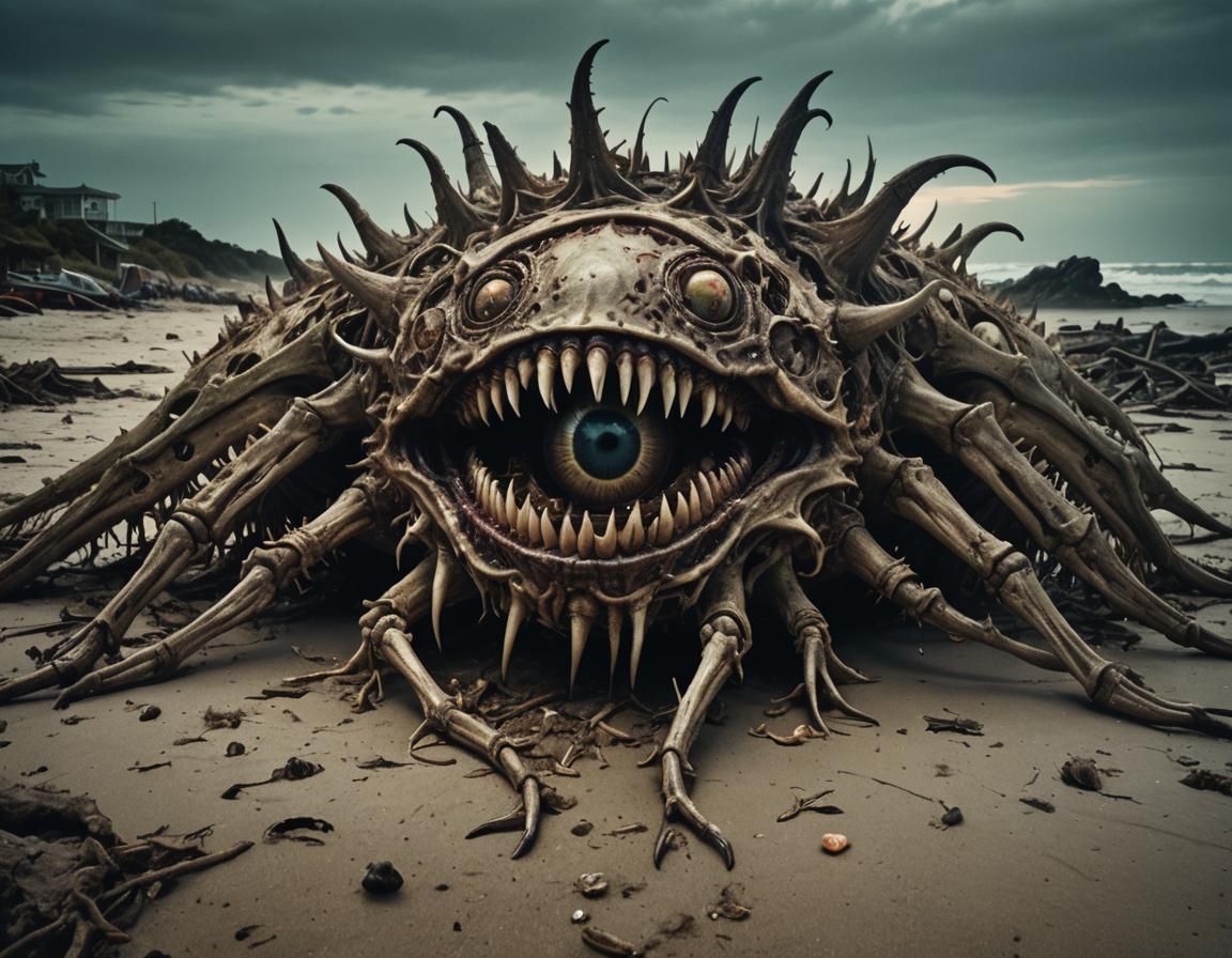 Horrific Insectoid Carcass on Beach at Night