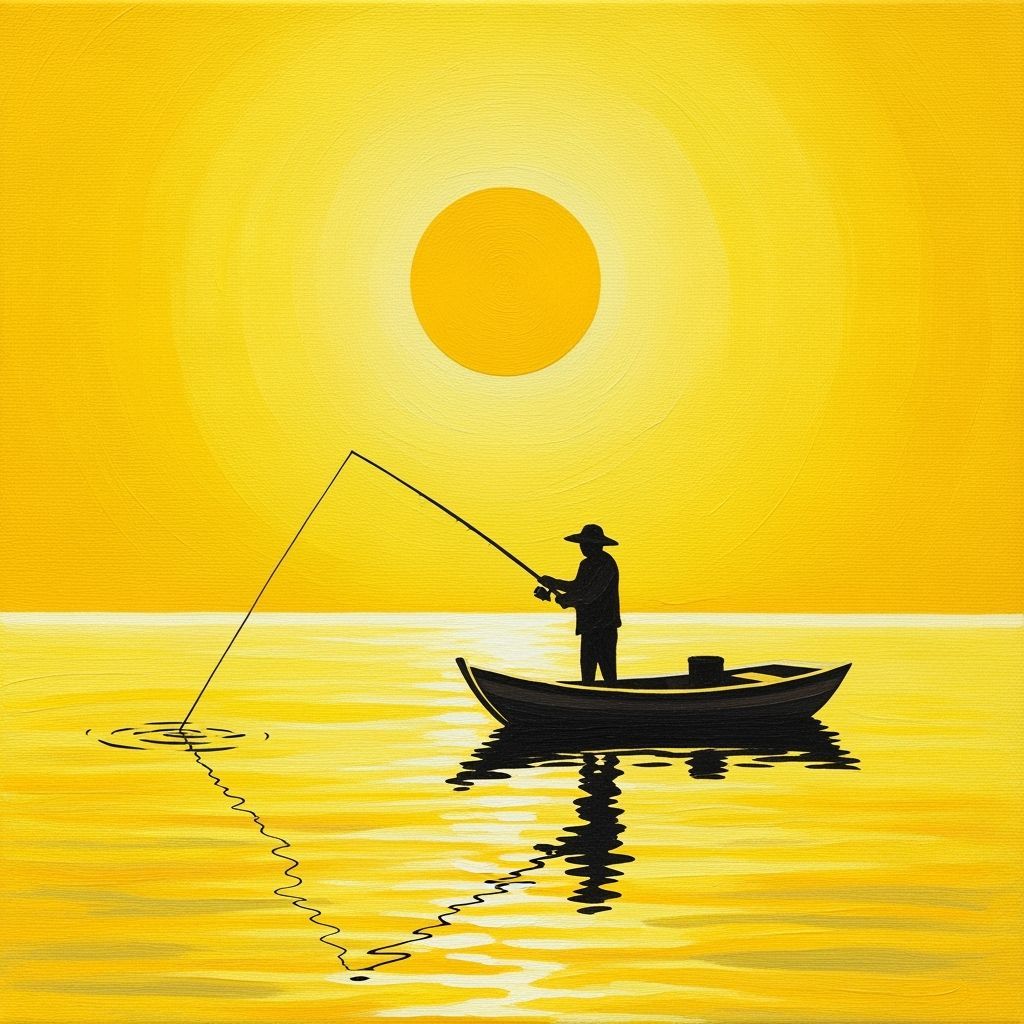Minimalist Oil Painting of a Lone Fisherman at Sunrise