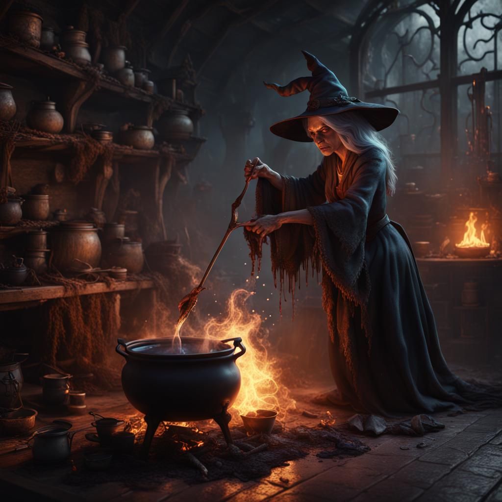 Eerie, evil witch stirring cauldron pot boiling