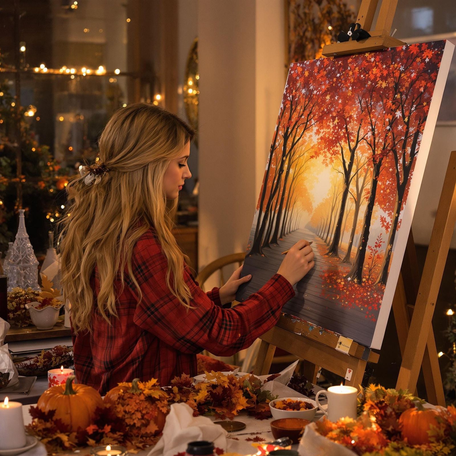 Artist Girl Painting on Thanksgiving Evening