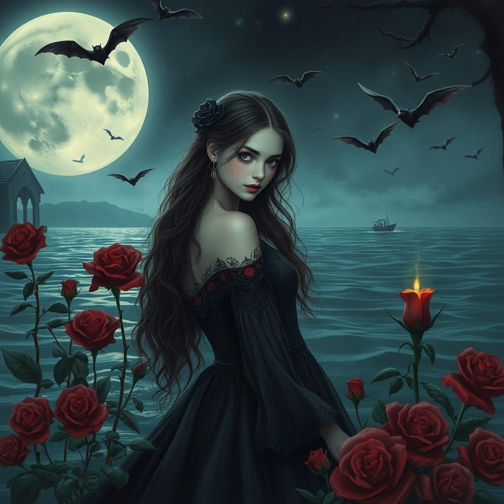 Gothic Vampire Girl Gazing at Moonlit Sea
