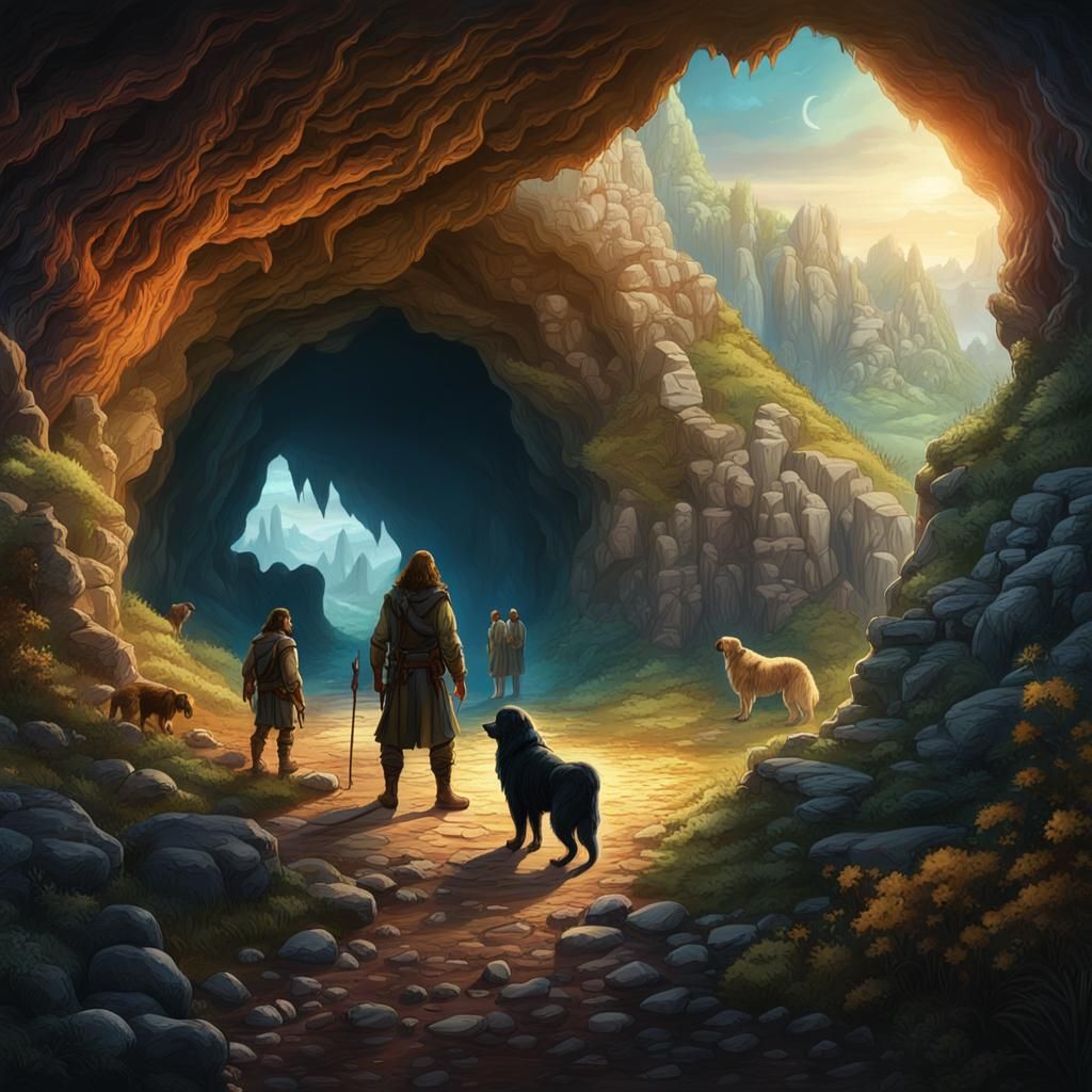 Bearded Men Emerge from Cave: Fantasy Art
