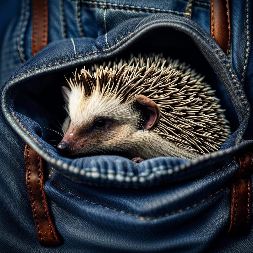 Hedgehog Napping Peacefully in Overalls Pocket