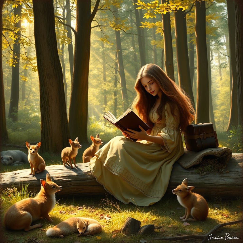 Woman Reads to Woodland Creatures in Pre-Raphaelite Style