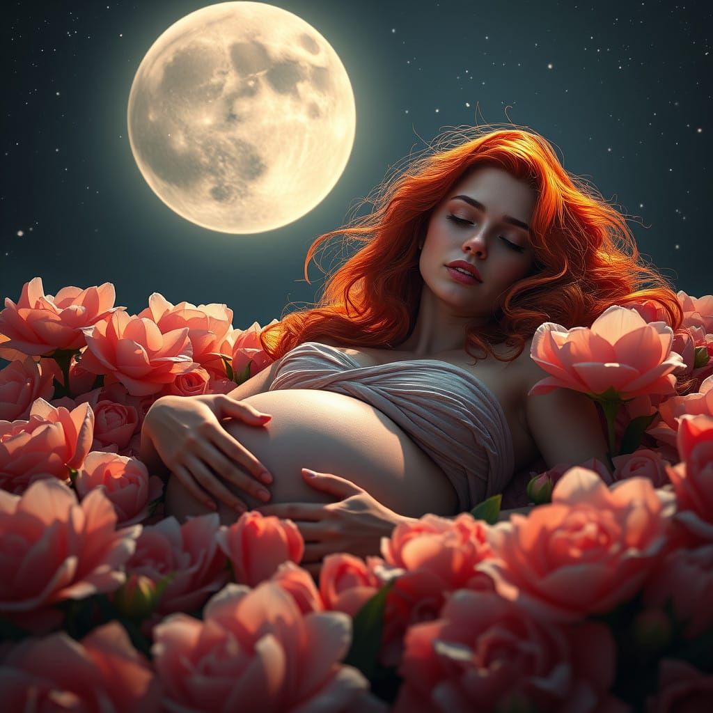 Enchanting Moonlit Scene of Pregnant Red-Headed Woman in a F...