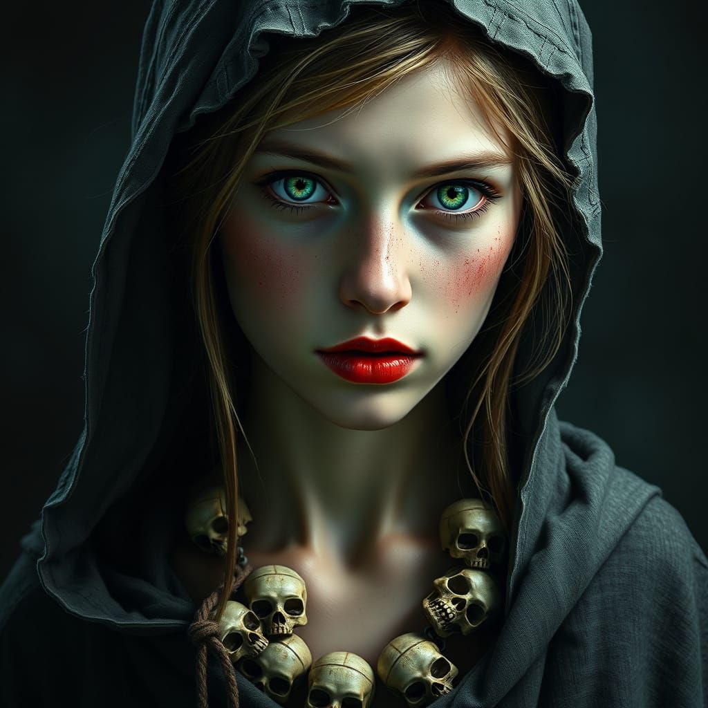 Teenage Girl with Red Lips and Skull Necklace