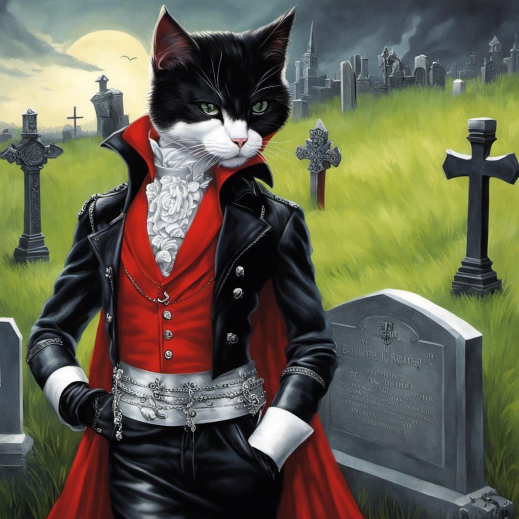 Gothic Vampire Cat in Cemetery, Hyperrealistic Style