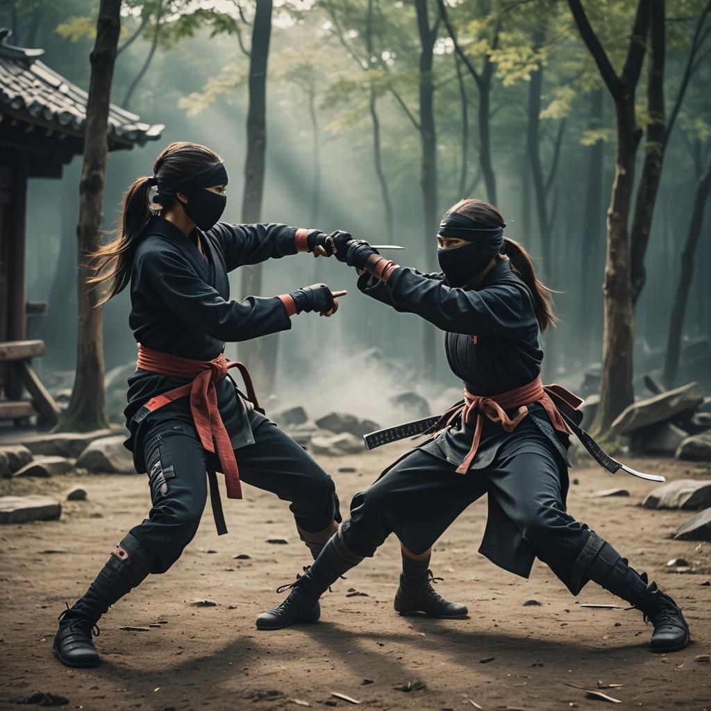 Dramatic Female Ninja in Cinematic Fight Scene