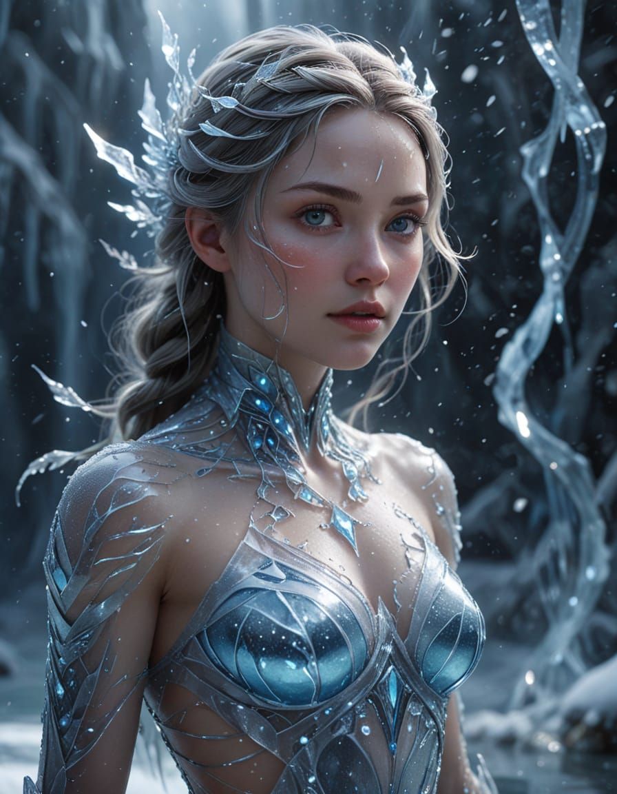 Ice Elemental Woman Rises from Frozen Lake
