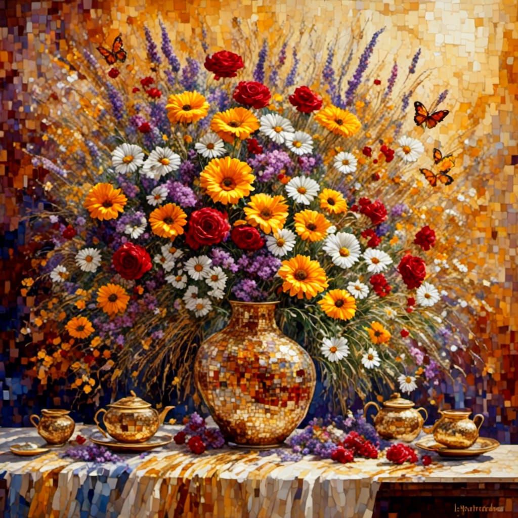 Mosaic Vase in Klimt Style With Flowers