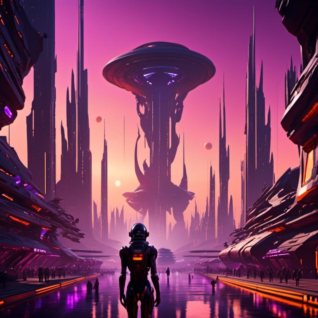 Docked Alien Spaceship on Purple Shore in Sci-Fi Style