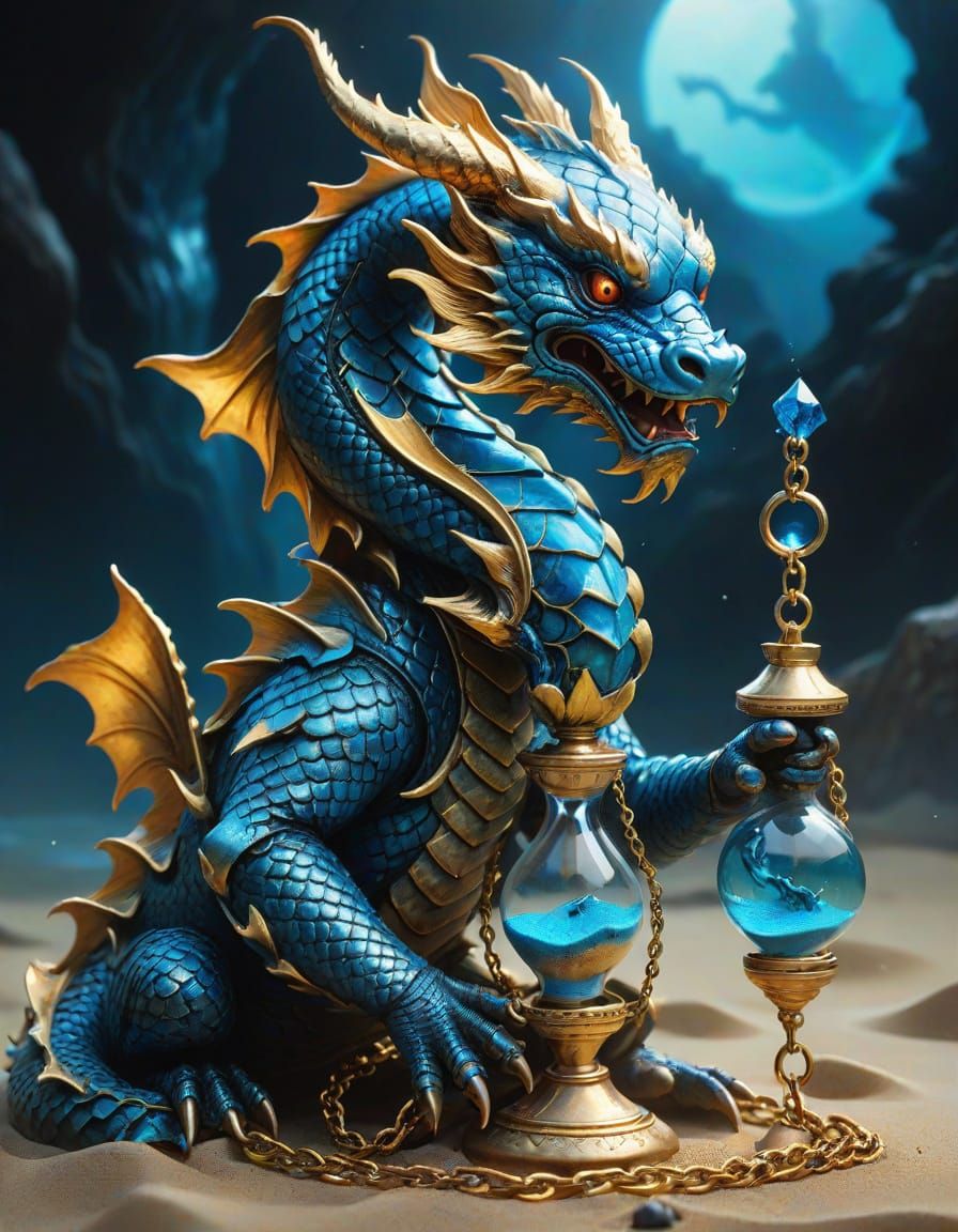 Dragon with Mini Horns Holds Hourglass in Dark Fantasy Scene