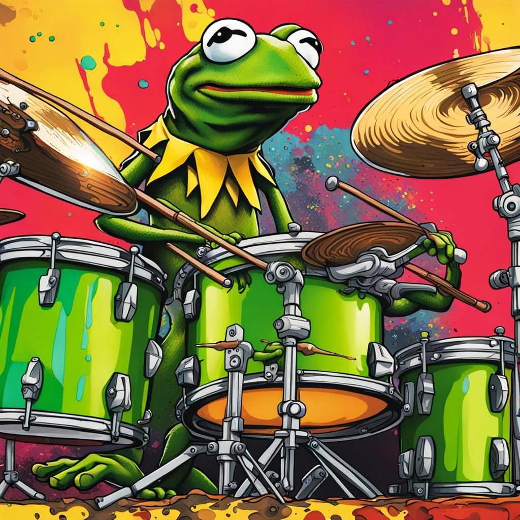 Hyperrealistic Inked Kermit the Frog Drumming