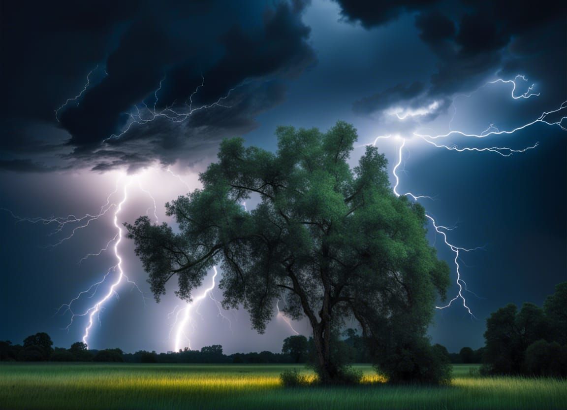 Dramatic Lightning Storm with Fireflies, Hyperrealistic