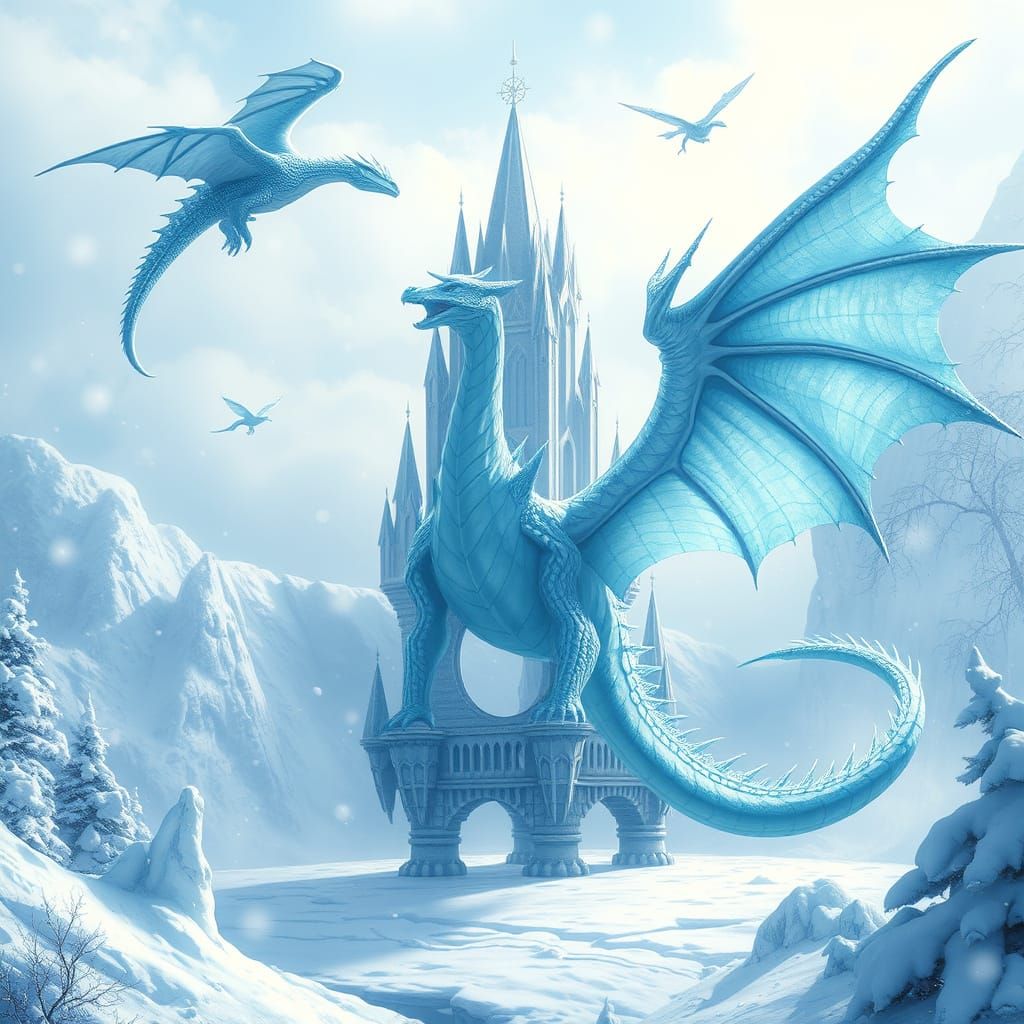 Winter Dragons Soar Amidst Ice Palace in Dreamlike Landscape