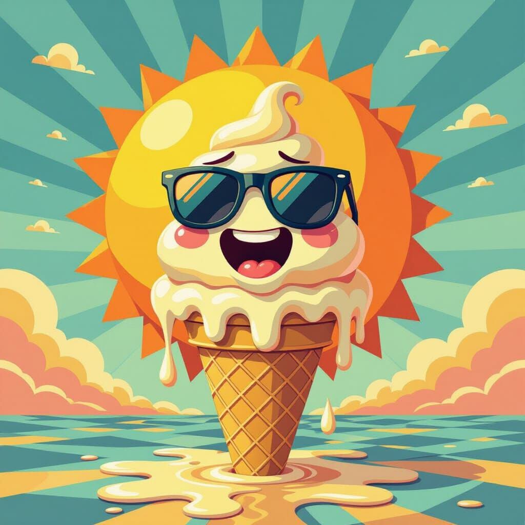 Melting Ice Cream Cone Under Grinning Sun, Playful Style