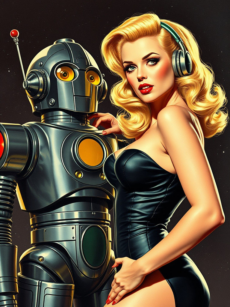 Retro Space Pin-Up with Robot in Pulp Art Style