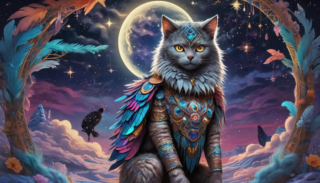Mystical Cat-Wolf-Owl Hybrid in Visionary Art Style