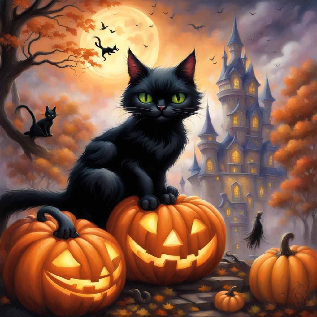 Halloween Witch and Cat Fantasy Illustration