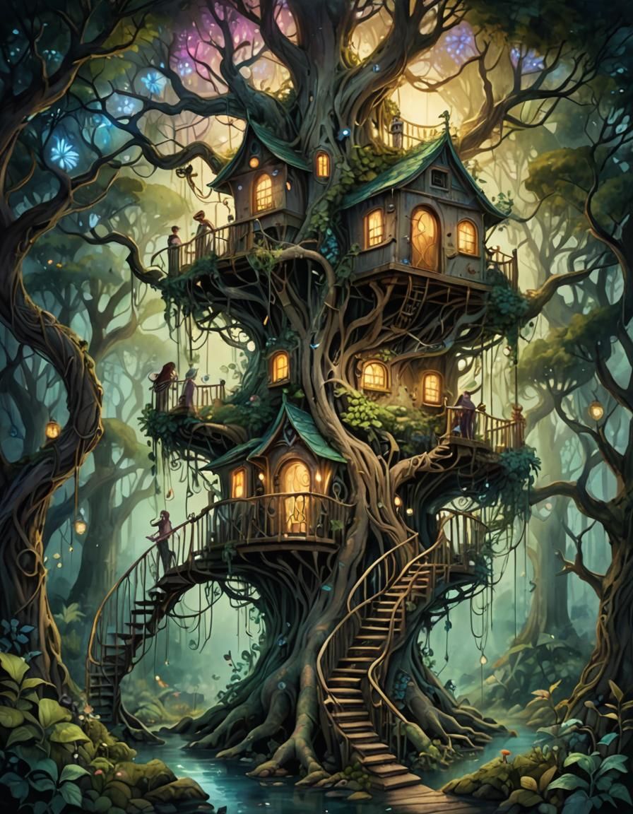 Enchanted Forest Treehouse in Pop Surreal Style