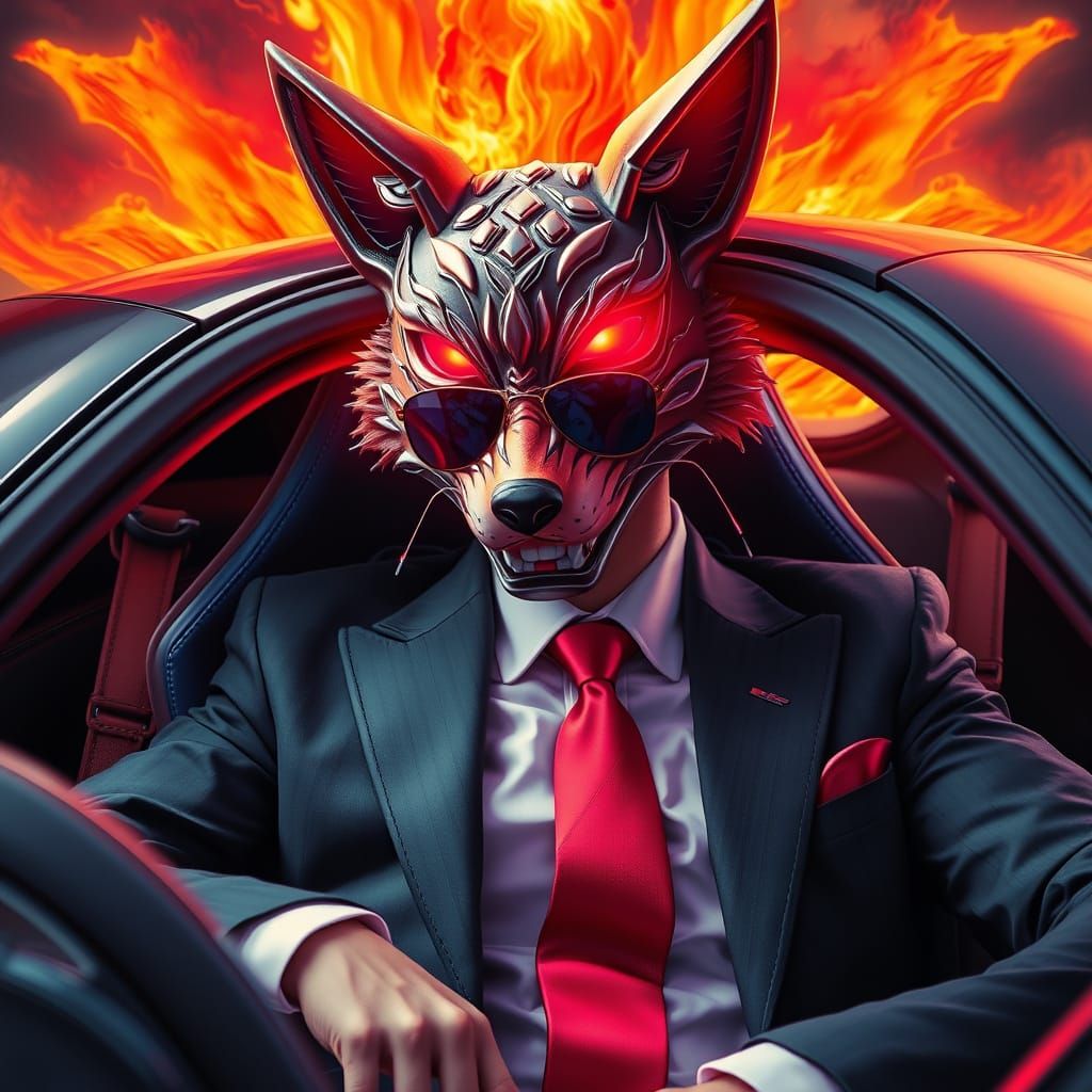 Korean Celebrity in Sports Car with Fiery Fox Mask