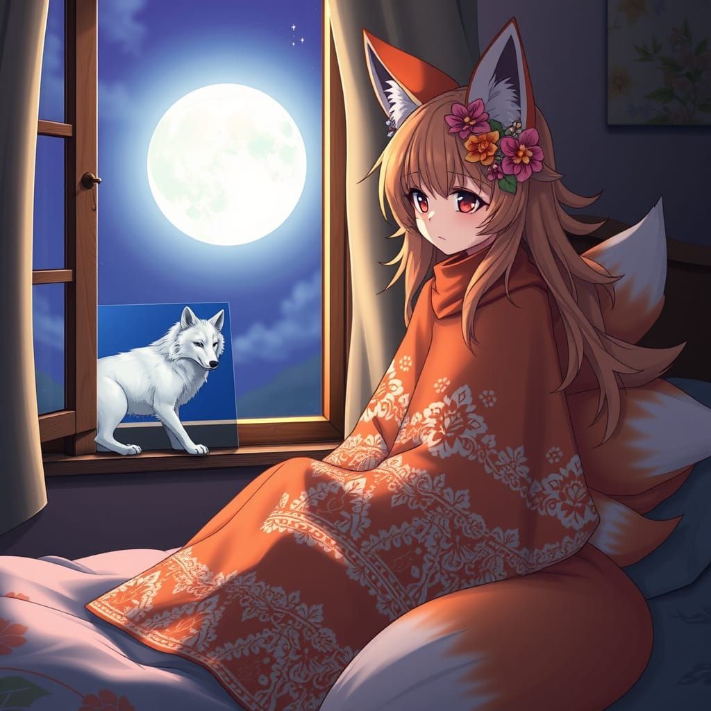 Fox Anime Girl Gazing Longingly at Memories of Her Wolf Comp...
