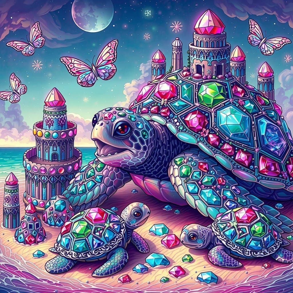 Goth Punk Sea Turtles and Babies Play in Crystal Sand Castle...