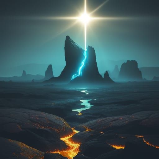 Epic Alien World Landscape with Light Trident