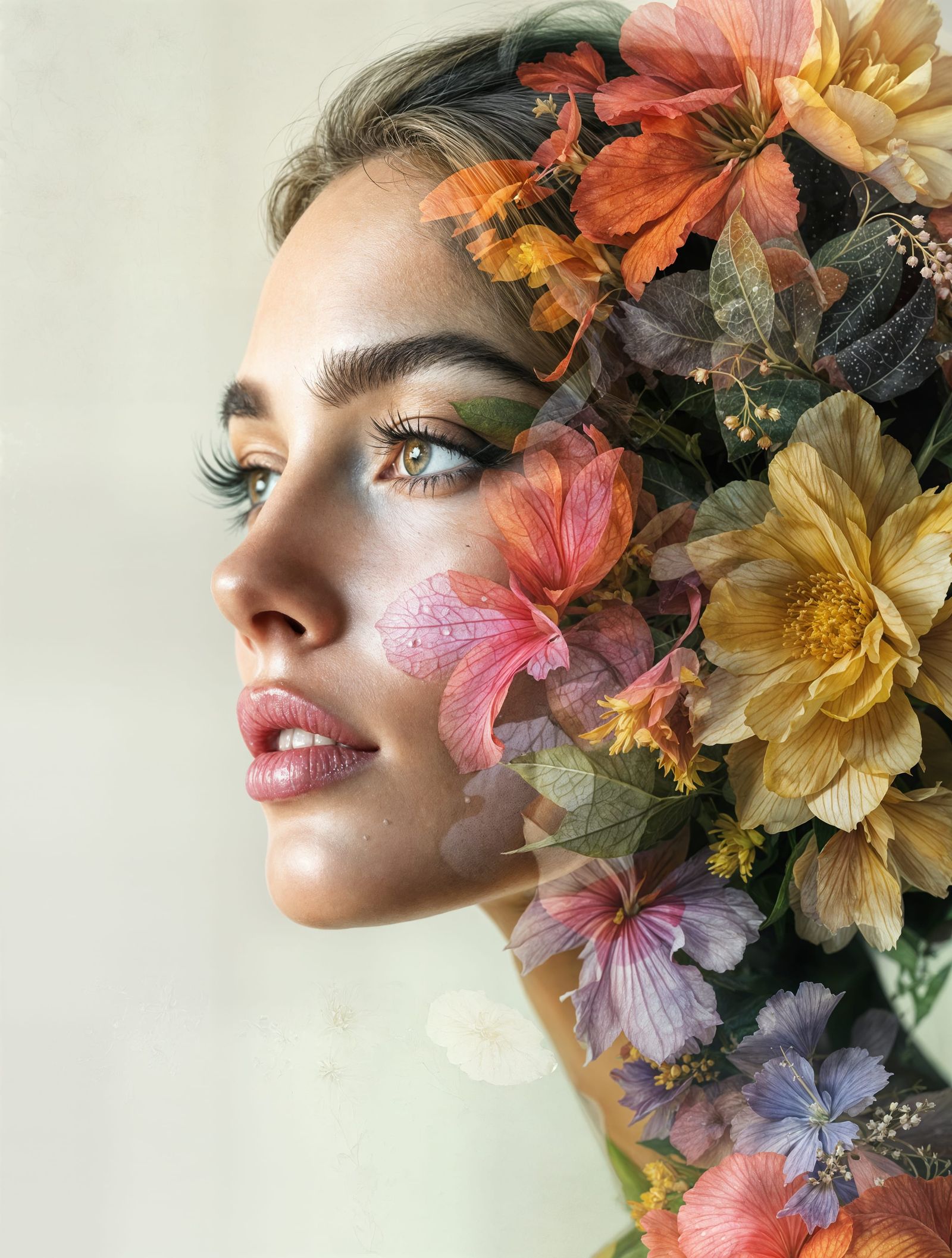 Double Exposed Portrait of a Woman with Blooming Flowers