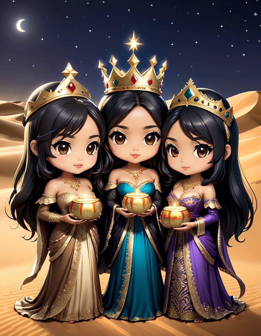 Three Indonesian Chibi Queens Offer Gifts Under Starry Deser...