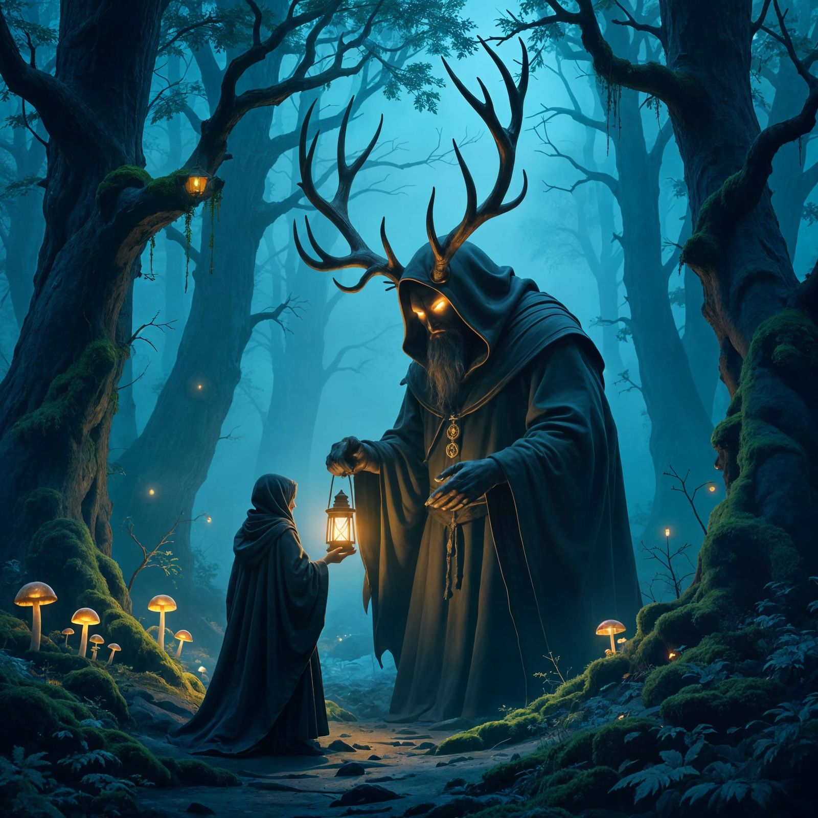 Antlered Giant Lights Lanterns in Misty Forest: Matte Painti...