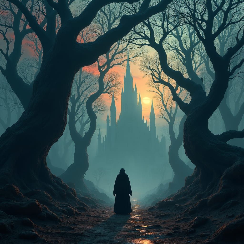 Desolate Figure in Dark Mystical Realm: Matte Painting