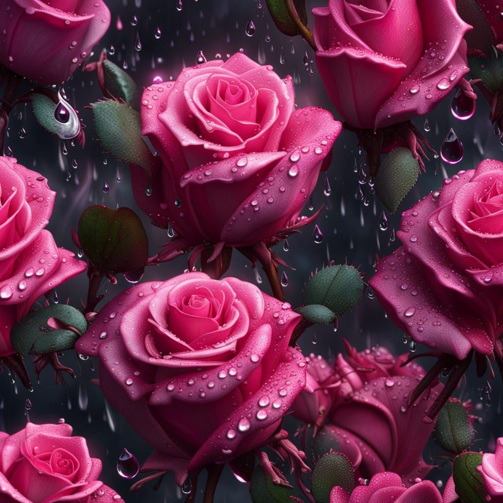 Macro Photograph of Pink Roses with Dewdrops