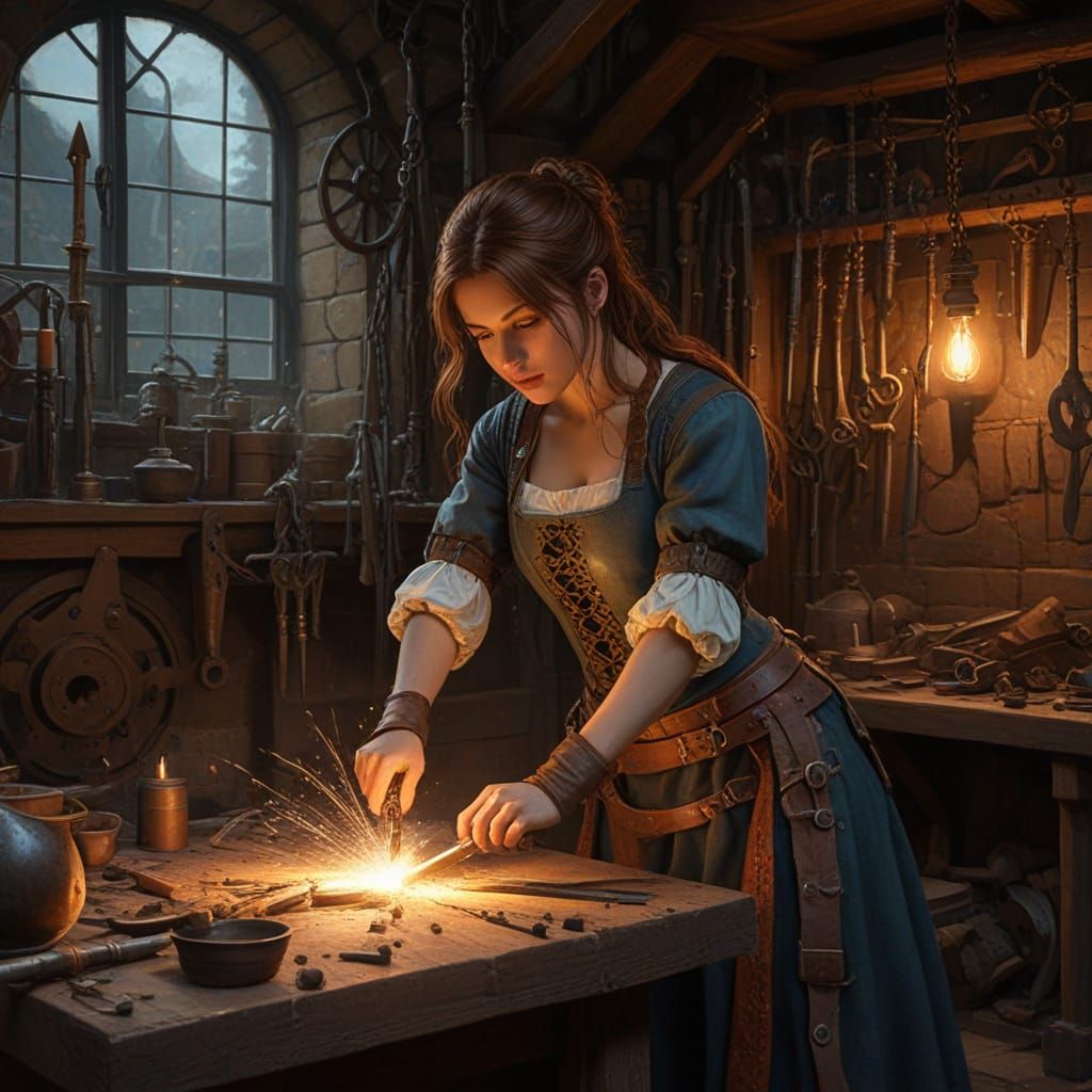 Female Blacksmith Forging Magical Sword in Steampunk Worksho...