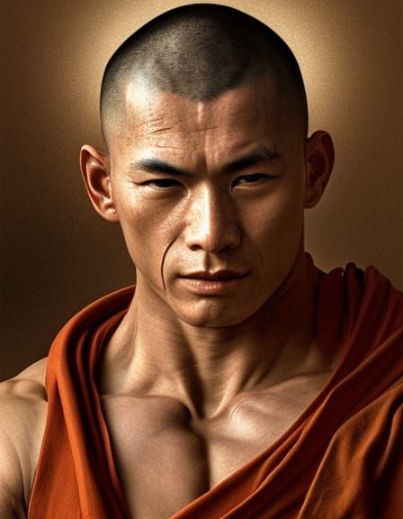 Detailed Portrait of Muscular Buddhist Monk in Oil