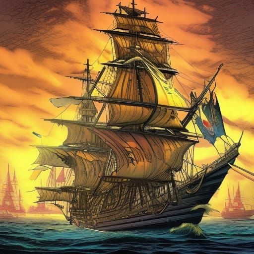 Pirate on Yellow Ship: Comic Book Art