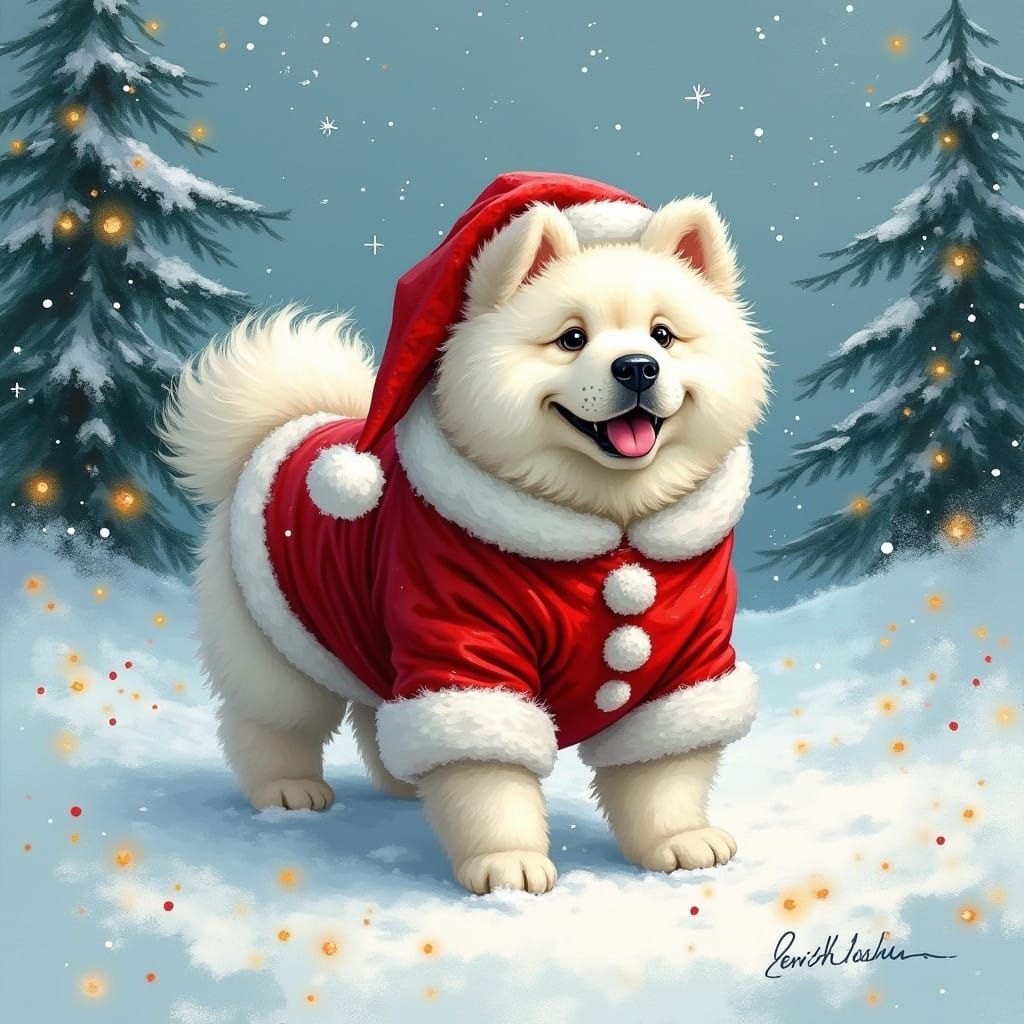 Whimsical White Chow Chow in Santa Suit