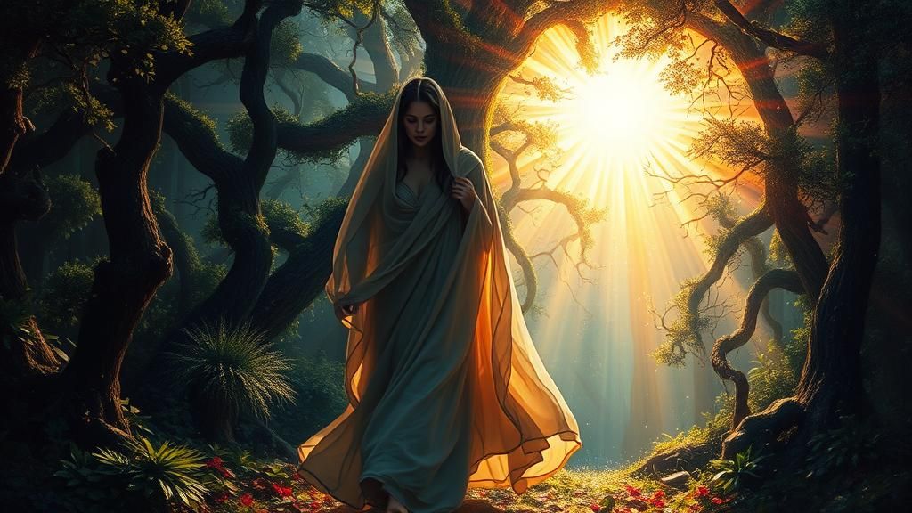 Woman Walks Through Forest Portal in Dreamscape Painting
