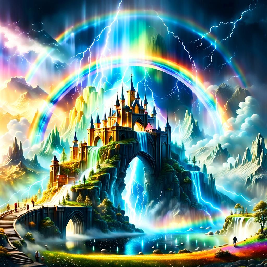 Miniature fantasy world carved into a magic rainbow. Rainbow...