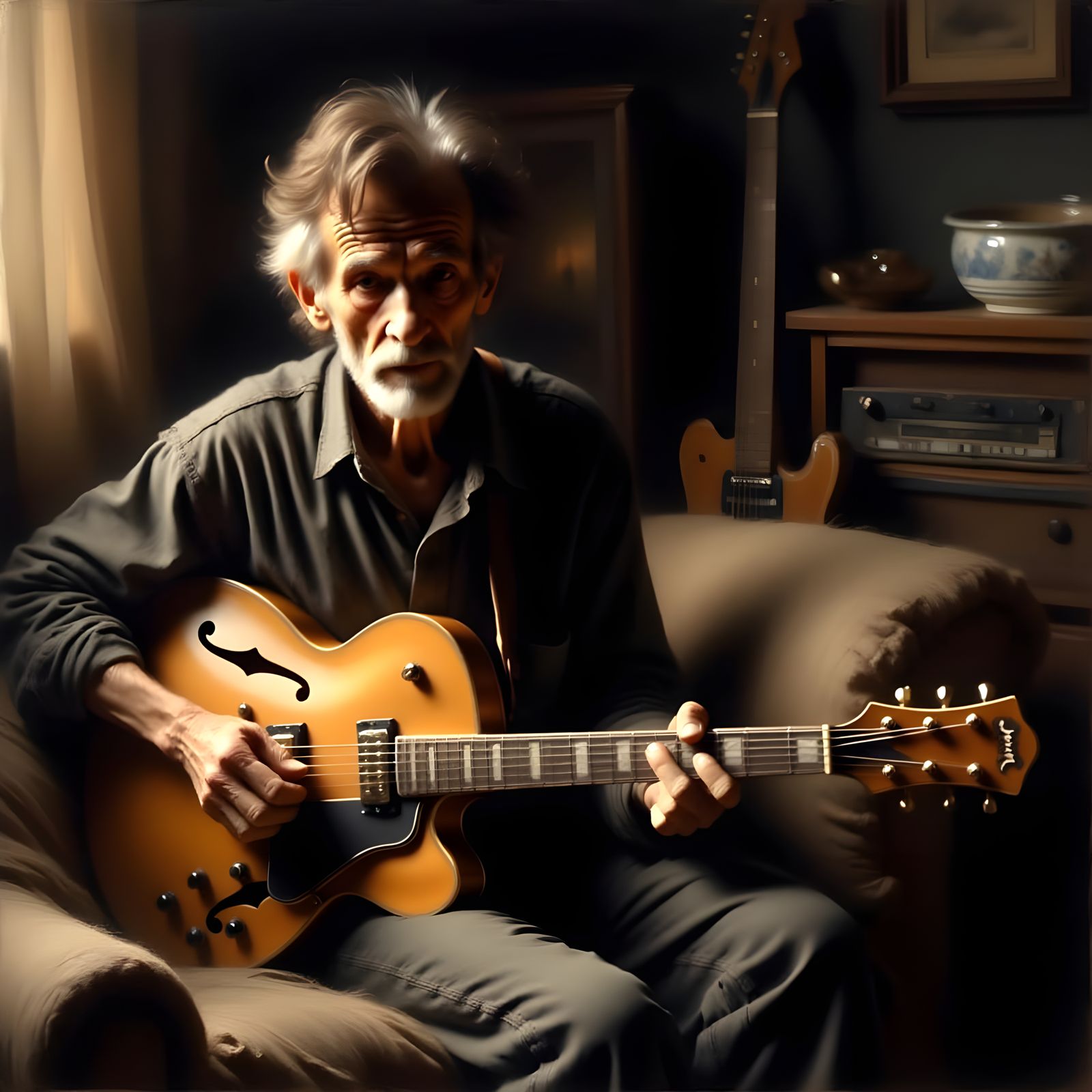 Man Playing Guitar in Vermeer Style