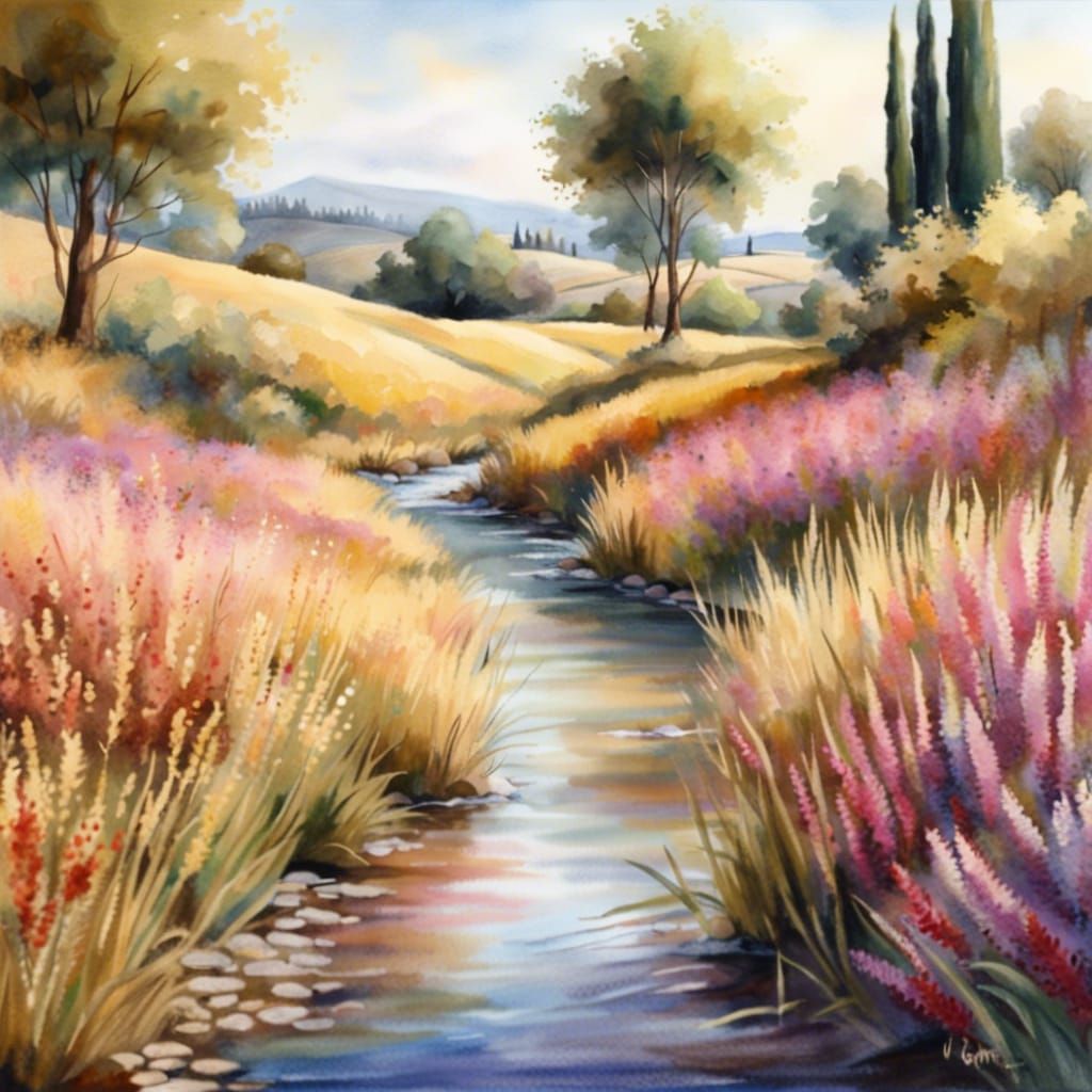 Romantic Italian River Landscape in Watercolor Style