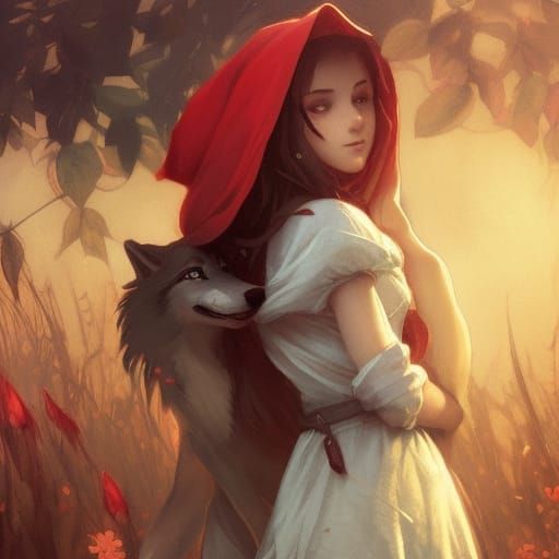 Wolf Boy Cuddling Red Riding Hood: Digital Art