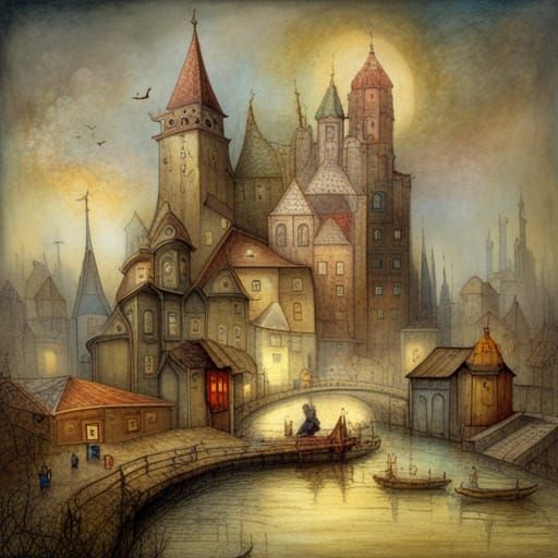 Charming Village Scene in Folk Art Style