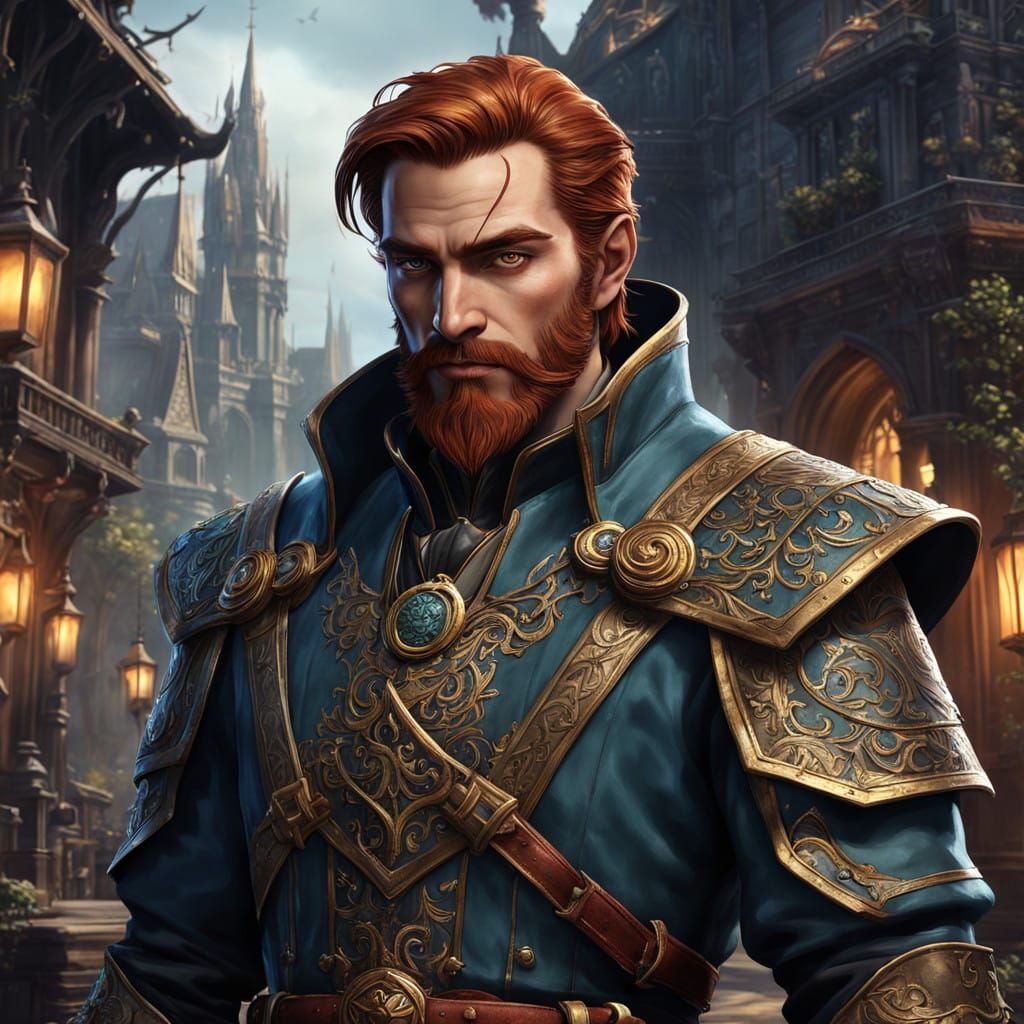 Charismatic Half-Elf Rogue in Opulent Gothic Fantasy