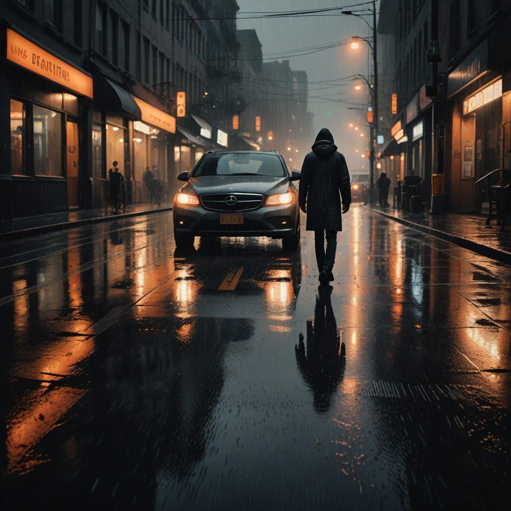 Person Walks in Rainy City with Foggy Lights