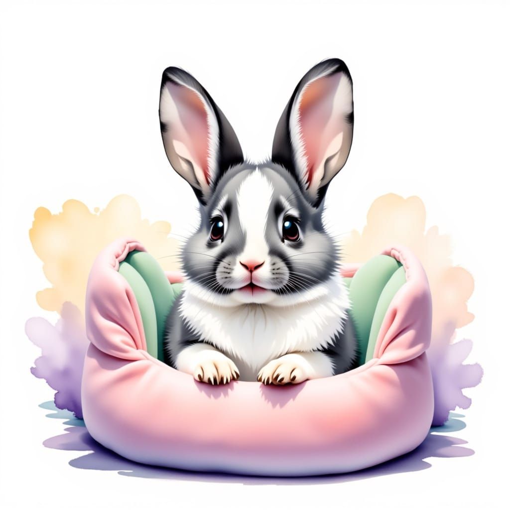 Adorable Dutch Bunny in Plush Bed, Pastel Watercolor