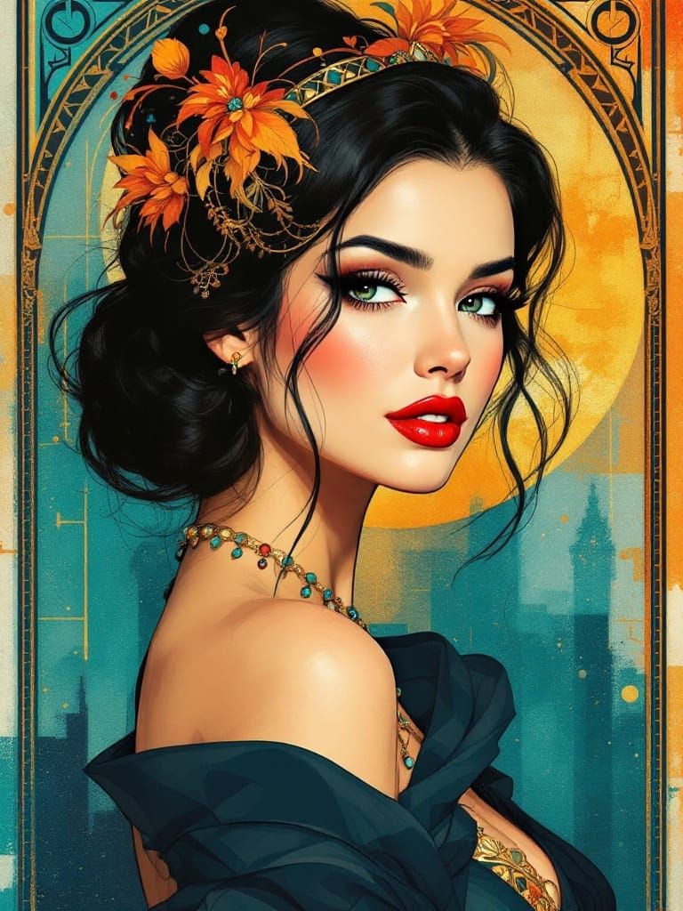 Elegant Goddess Emerges from Bloom, in Digital Watercolor St...