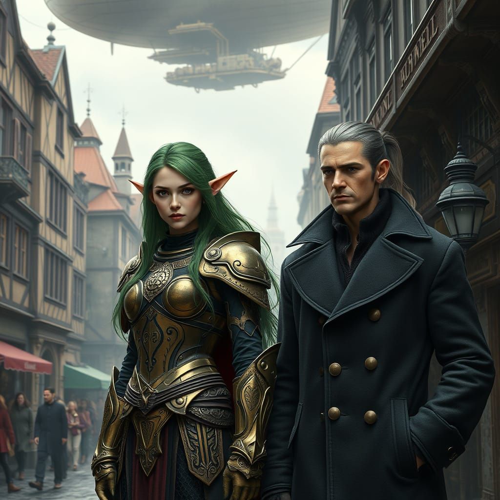 Elegant Steampunk Warrior Surrounded by Airship and Marketpl...