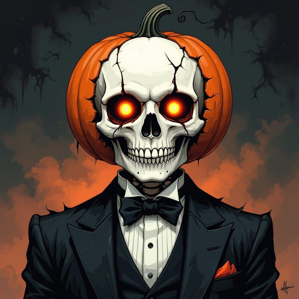 Pumpkin-Headed Skeleton in Dark Fantasy Style