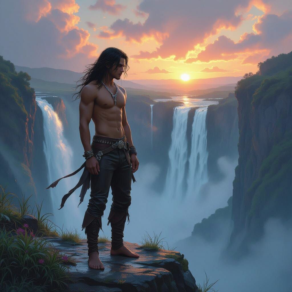 Lone Man at Waterfall in Matte Painting Style